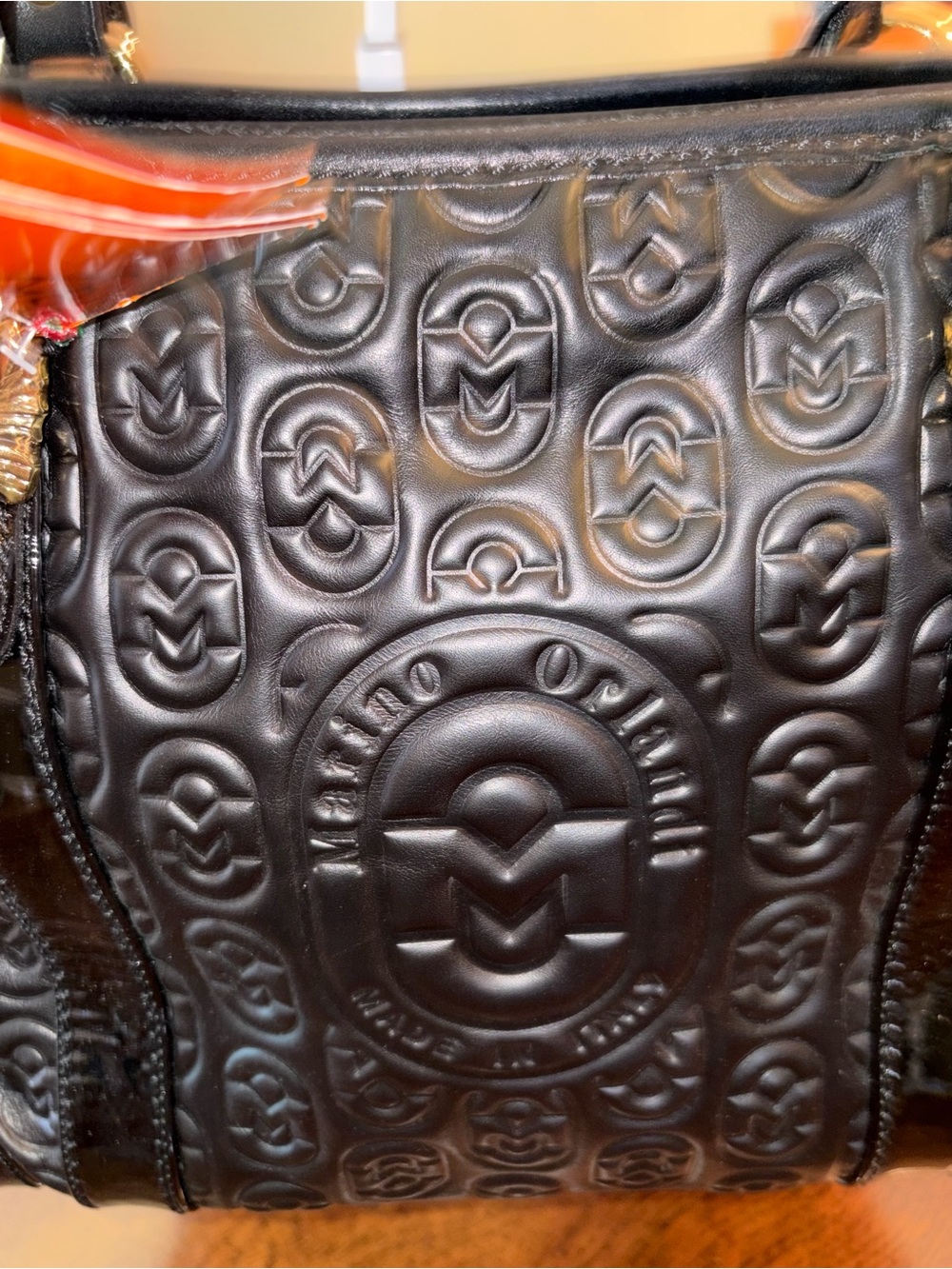 Marino Orlandi Black Quilted Patent Satchel with Gold Charm - Picture 4 of 12